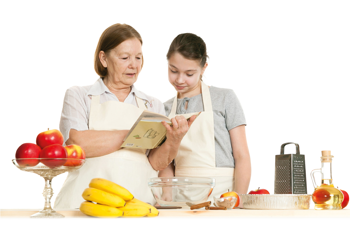 the grandmother and the granddaughter read the recipe-book before cooking of food